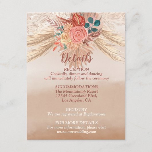 Pampas Grass Floral Terracotta Boho Chic Wedding Informatiekaartje (Voorkant)