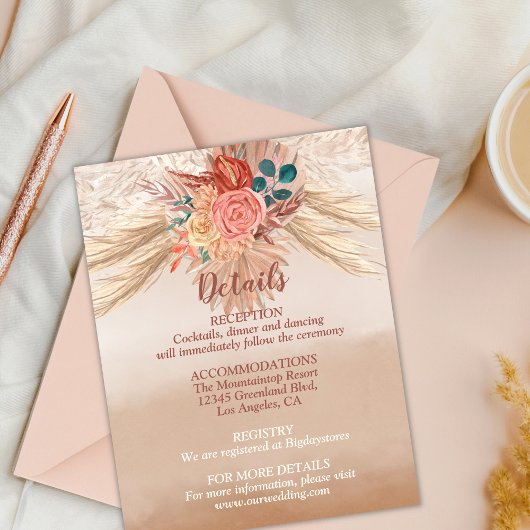 Pampas Grass Floral Terracotta Boho Chic Wedding Informatiekaartje