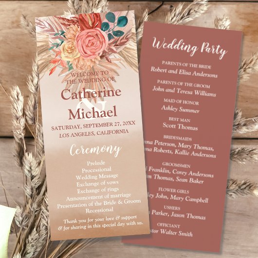 Pampas Grass Floral Terracotta Boho Chic Wedding Programmakaart