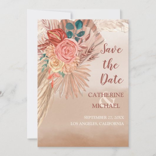 Pampas Grass Floral Terracotta Boho Chic Wedding Save The Date (Voorkant)