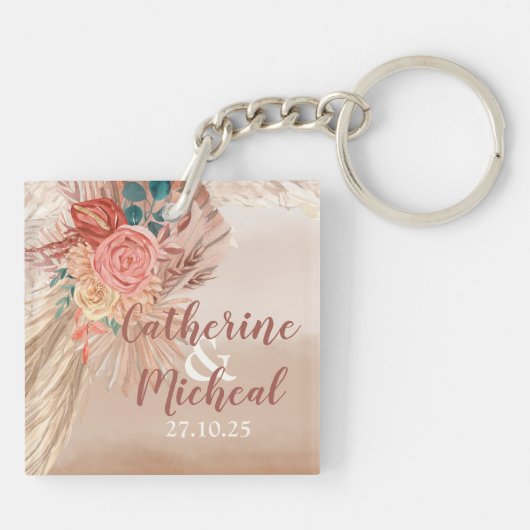 Pampas Grass Floral Terracotta Boho Chic Wedding Sleutelhanger (Achterkant)