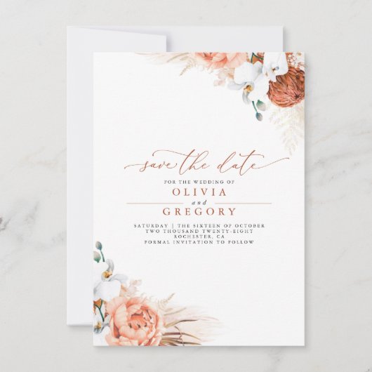 Pampas Grass Floral Terracotta Save the Date Aankondiging (Voorkant)