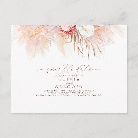Pampas Grass Floral Terracotta Save the Date Aankondigingskaart (Voorkant)