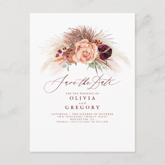 Pampas Grass Floral Terracotta Save the Date Aankondigingskaart (Voorkant)