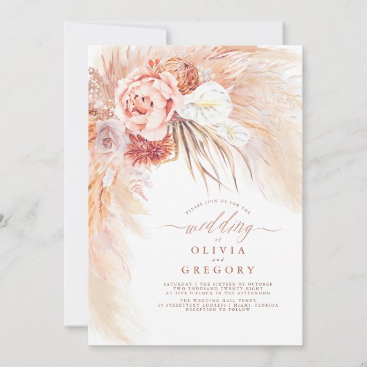 Pampas Grass Floral Terracotta Wedding Invitation Kaart (Voorkant)