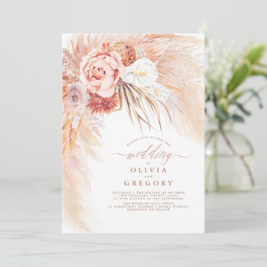Pampas Grass Floral Terracotta Wedding Invitation Kaart (Staand voorkant)