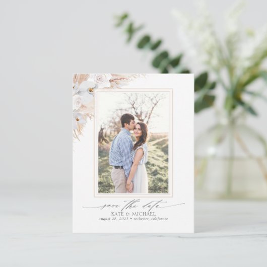Pampas Grass Floral Tropical Save the Date Photo Aankondigingskaart (Staand voorkant)