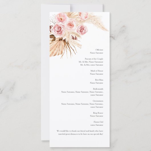 Pampas Grass Floral waterverf Wedding Programme (Achterkant)