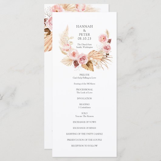 Pampas Grass Floral waterverf Wedding Programme (Voorkant / Achterkant)