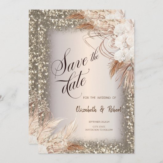 Pampas Grass Flowers Glitter Lijst Save The Date (Voorkant / Achterkant)