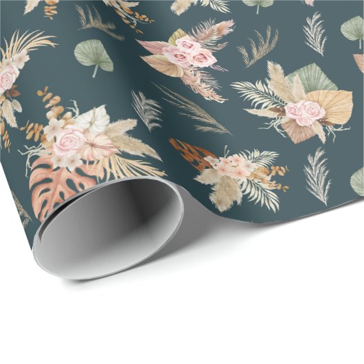 Pampas Grass & Flowers op Dark Blauwgroen Cadeaupapier (Rol Hoek)