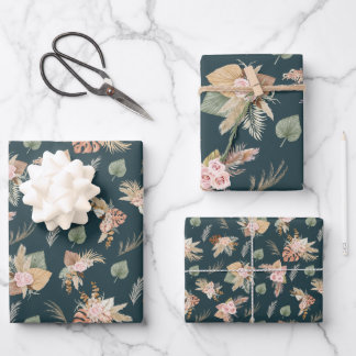 Pampas Grass & Flowers op Dark Blauwgroen Inpakpapier Vel