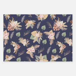 Pampas Grass & Flowers op Navy Blue Inpakpapier Vel