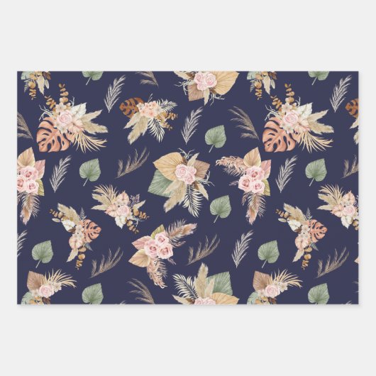 Pampas Grass & Flowers op Navy Blue Inpakpapier Vel (Voorkant 2)