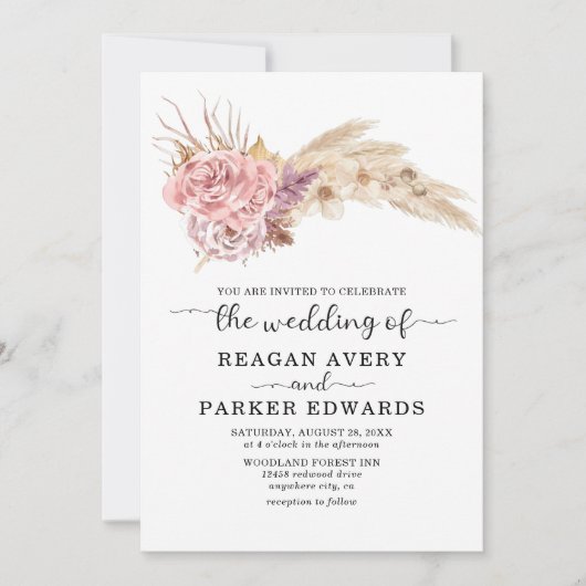 Pampas Grass Gedroogd Bloemen Roos en Paarse Bruil Kaart (Voorkant)