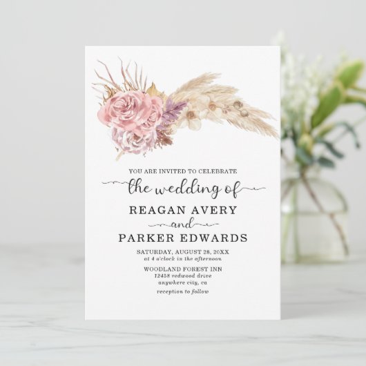 Pampas Grass Gedroogd Bloemen Roos en Paarse Bruil Kaart (Staand voorkant)