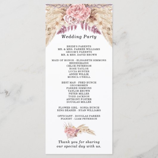 Pampas Grass Gedroogd Bloemen Roos Paarse Bruiloft Programmakaart (Achterkant)