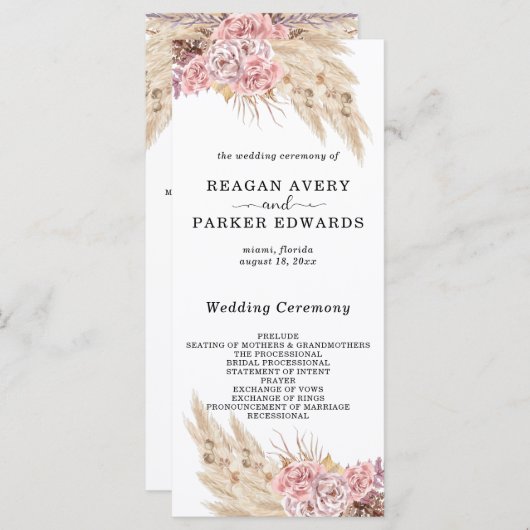 Pampas Grass Gedroogd Bloemen Roos Paarse Bruiloft Programmakaart (Voorkant / Achterkant)
