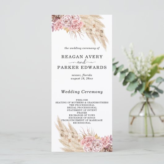 Pampas Grass Gedroogd Bloemen Roos Paarse Bruiloft Programmakaart (Staand voorkant)