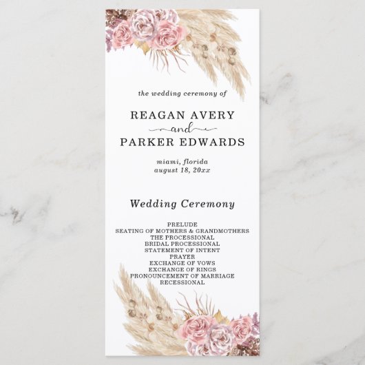 Pampas Grass Gedroogd Bloemen Roos Paarse Bruiloft Programmakaart (Voorkant)