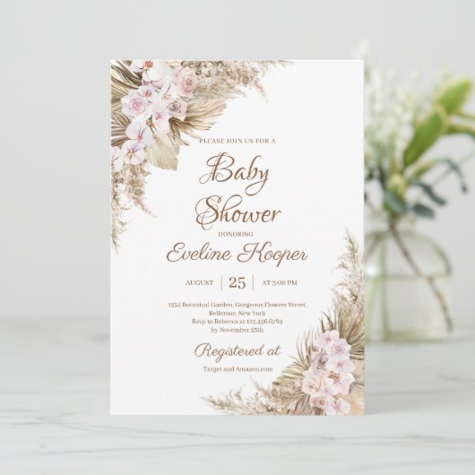 Pampas Grass Gedroogde Palm Blush Roos Orchidee Ba Kaart (Staand voorkant)