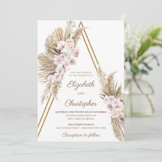 Pampas Grass Gedroogde Palm Stoffige Roos Orchidee Kaart (Staand voorkant)