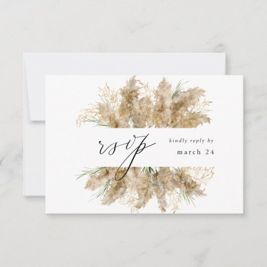 Pampas Grass & Gold Boho w Meal RSVP Kaartje (Voorkant)