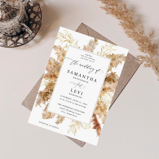 Pampas Grass & Gold Boho Wedding Kaart