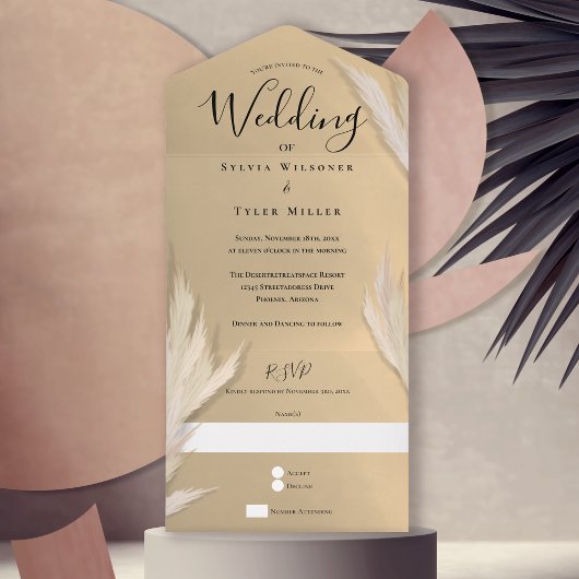 Pampas Grass Gold Wedding All In One Uitnodiging
