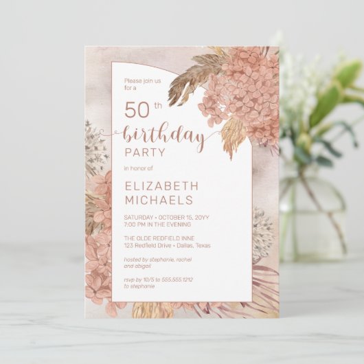 Pampas Grass Hydrangeas Blooms 50e verjaardag Kaart (Staand voorkant)