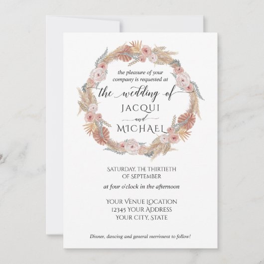 Pampas Grass Krans Boho Tropische Aardse Bloemen Kaart (Voorkant)