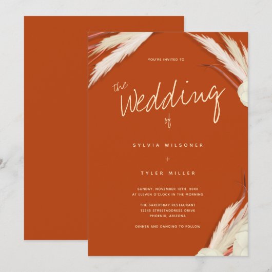 Pampas Grass Leaves Burnt Oranje Wedding Kaart (Voorkant / Achterkant)
