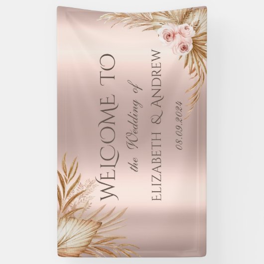Pampas Grass Luxe Roos Gouden Bruiloft Spandoek (Verticaal)