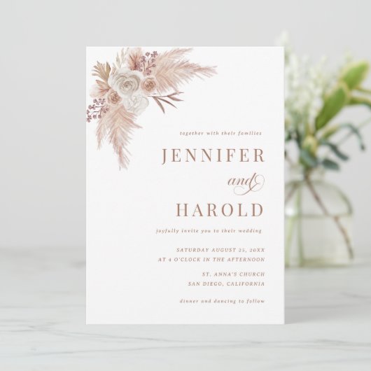 Pampas Grass Minimale Plain Alles in Een Huwelijk Kaart (Staand voorkant)