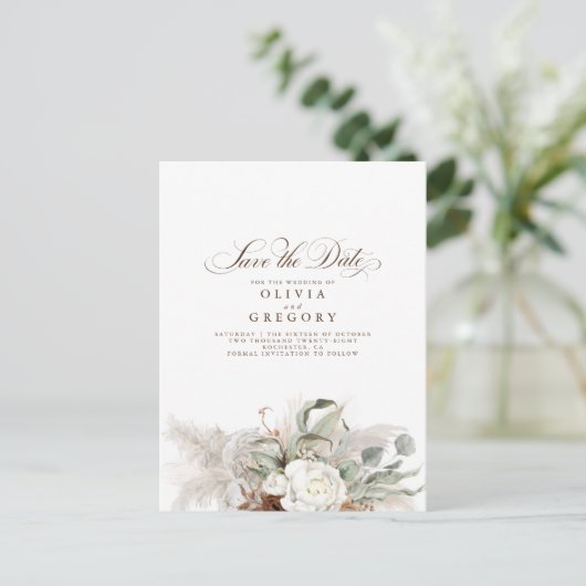 Pampas Grass Natural Floral Boho Save the Date Aankondigingskaart (Staand voorkant)