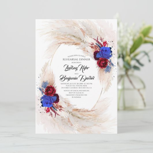 Pampas Grass Navy Blauw en Rood Repetitie Diner Kaart (Staand voorkant)