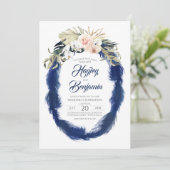 Pampas Grass Navy Blauw en Roze Tropische Bruiloft Kaart (Staand voorkant)