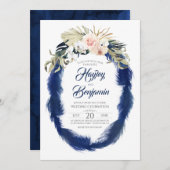 Pampas Grass Navy Blauw en Roze Tropische Bruiloft Kaart (Voorkant / Achterkant)