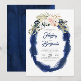 Pampas Grass Navy Blauw en Roze Tropische Bruiloft Kaart