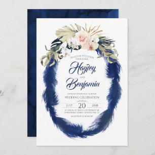 Pampas Grass Navy Blauw en Roze Tropische Bruiloft Kaart