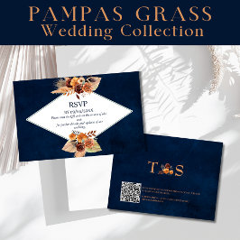 Pampas Grass Navy Blue Autumn Herfst QR Code RSVP Notitiekaartje