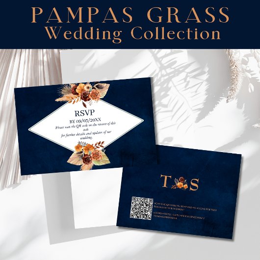 Pampas Grass Navy Blue Autumn Herfst QR Code RSVP Notitiekaartje