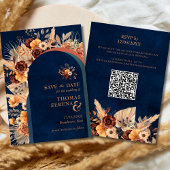 Pampas Grass Navy Blue Bewaar de datum QR-code Kaart