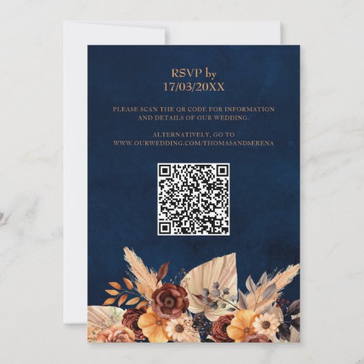 Pampas Grass Navy Blue Bewaar de datum QR-code Kaart (Achterkant)