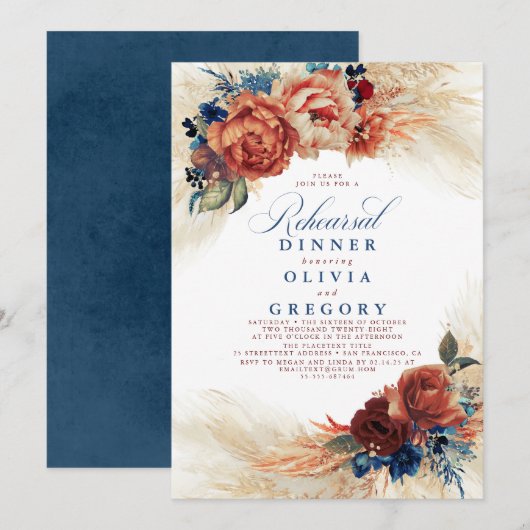 Pampas Grass Navy Blue Terracotta Rehearsal Dinner Kaart (Voorkant / Achterkant)