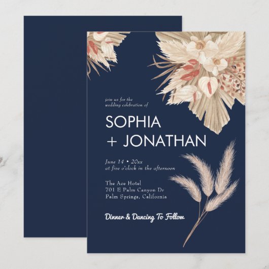 Pampas Grass Navy Blue Wedding Modern Chic Kaart (Voorkant / Achterkant)