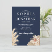 Pampas Grass Navy Blue Wedding Modern Chic Kaart (Staand voorkant)