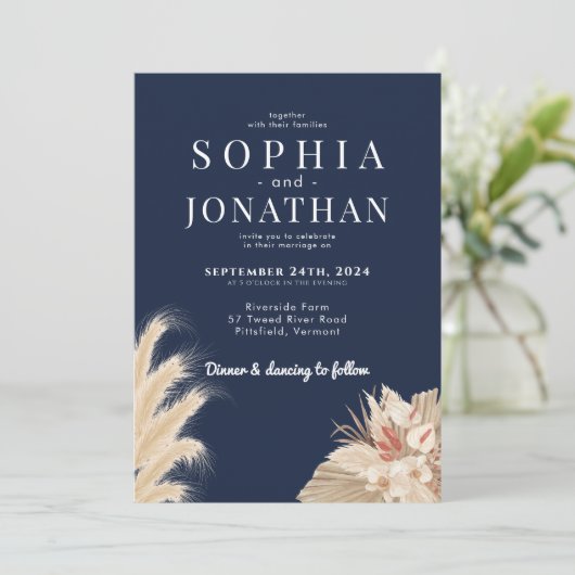 Pampas Grass Navy Blue Wedding Modern Chic Kaart (Staand voorkant)