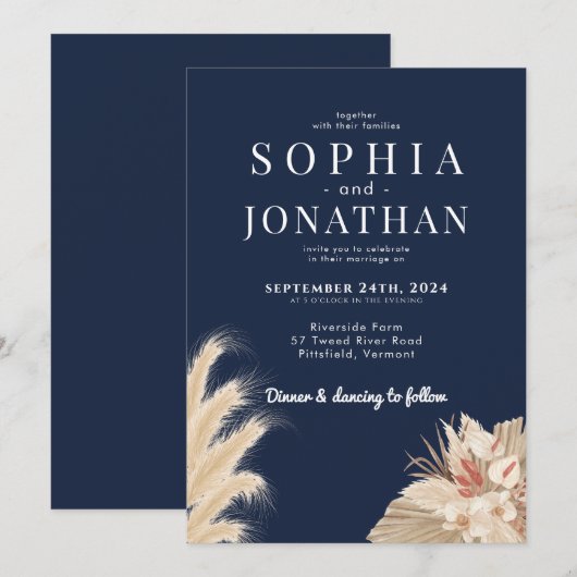 Pampas Grass Navy Blue Wedding Modern Chic Kaart (Voorkant / Achterkant)