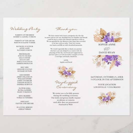Pampas Grass Paars Orchid TriFold Wedding Programm Flyer (Voorkant)